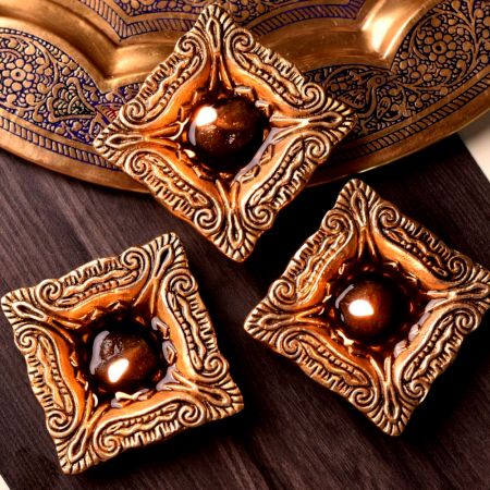 3 Pieces Brass Carved Square Shaped Oil Lamp Festival Decoration Diya